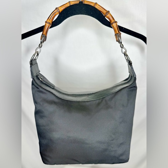 GUCCI Black Bamboo Medium Shoulder HandBag Canvas Nylon Leather Zip: 9 x 8 - Picture 1 of 9